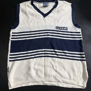 Vintage Mecca Sweater Vest Men's White‎ Blue Striped V-Neck Sleeveless Y2K Sz XL
